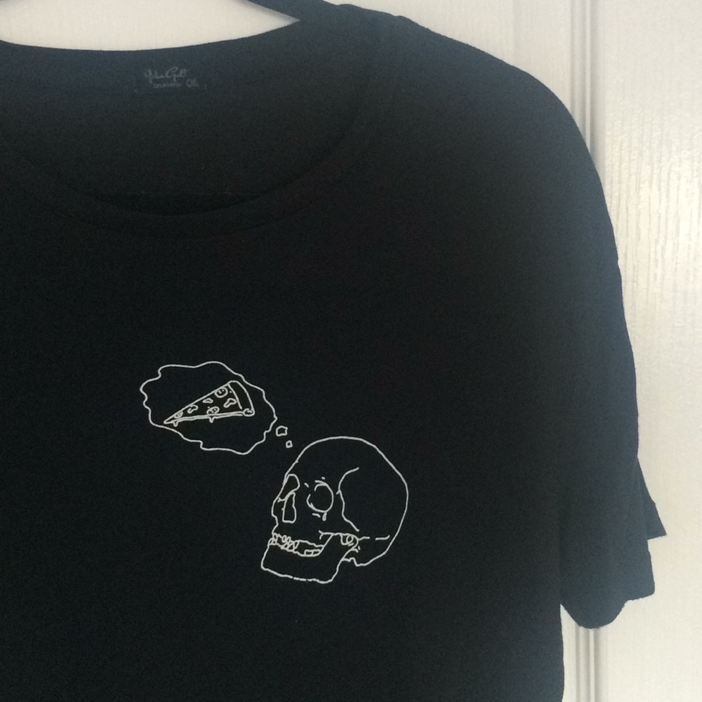 skeleton thinking about pizza top